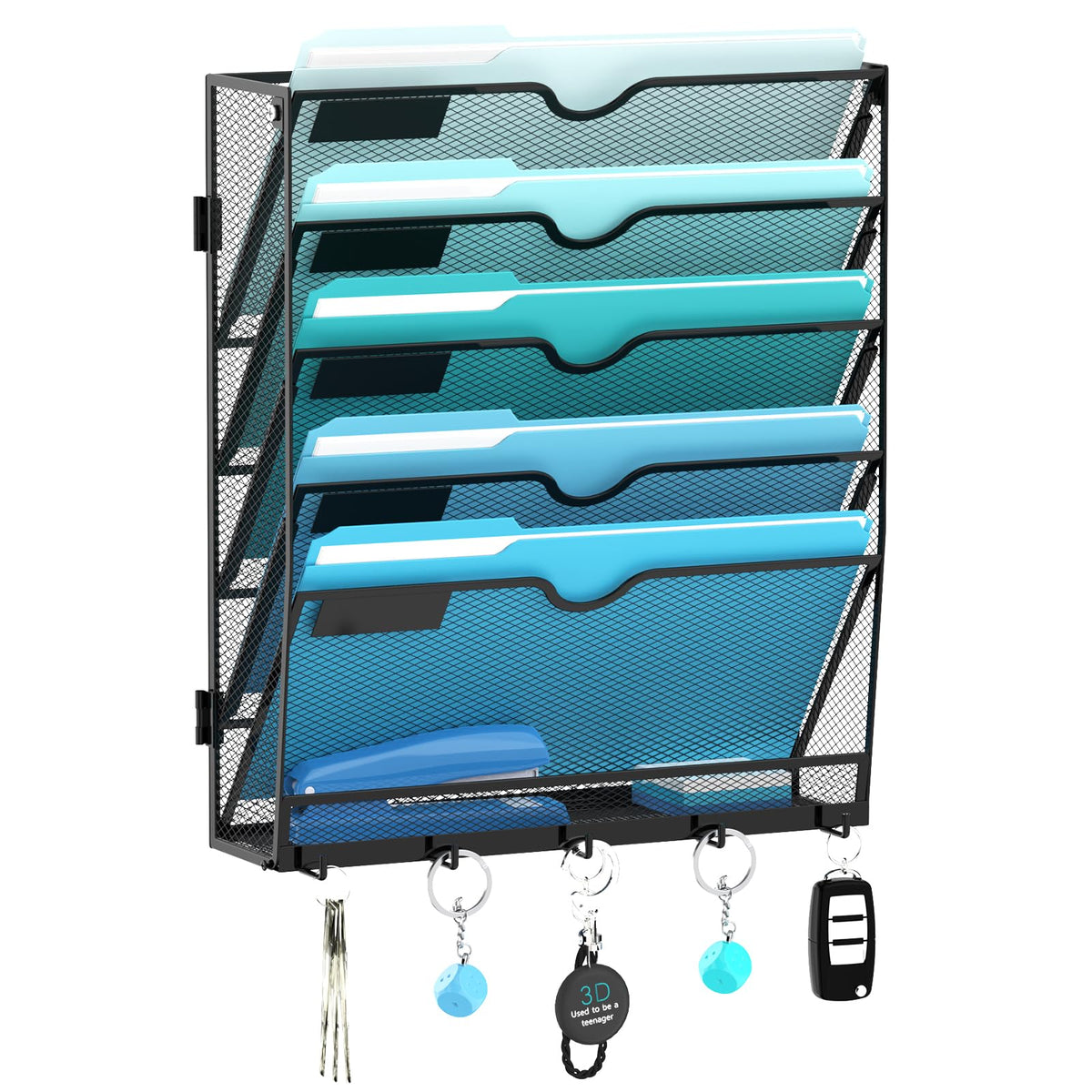 8-Tier Wall File Organizer and Mail Organizer with 5 Hooks, Black