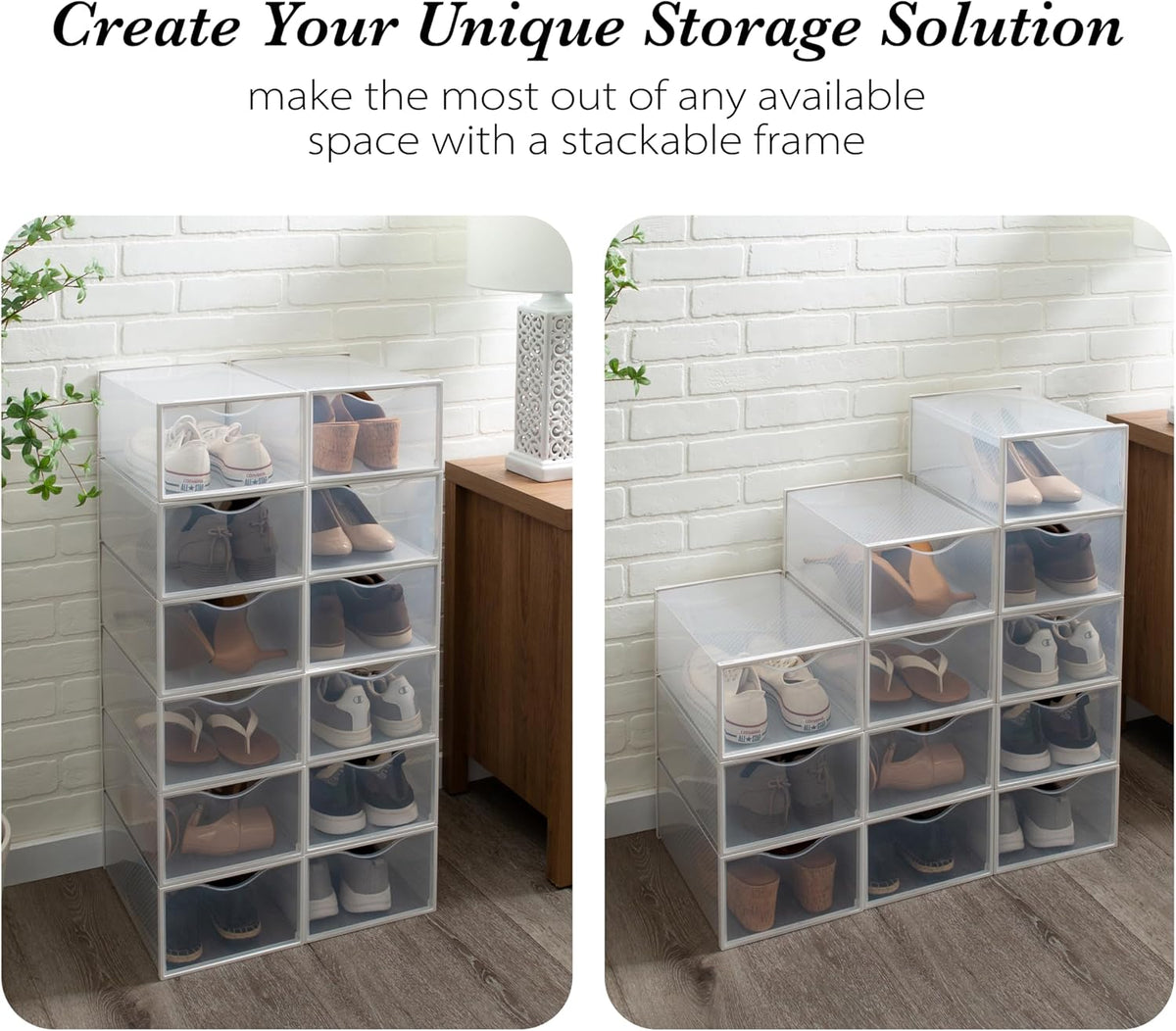 Simplify Set of 12 Stackable Shoe Boxes | Customizable | Fits Size 11 Shoes | Drop Front Design | Closet Storage | Sneakers | Heels | Clear and White