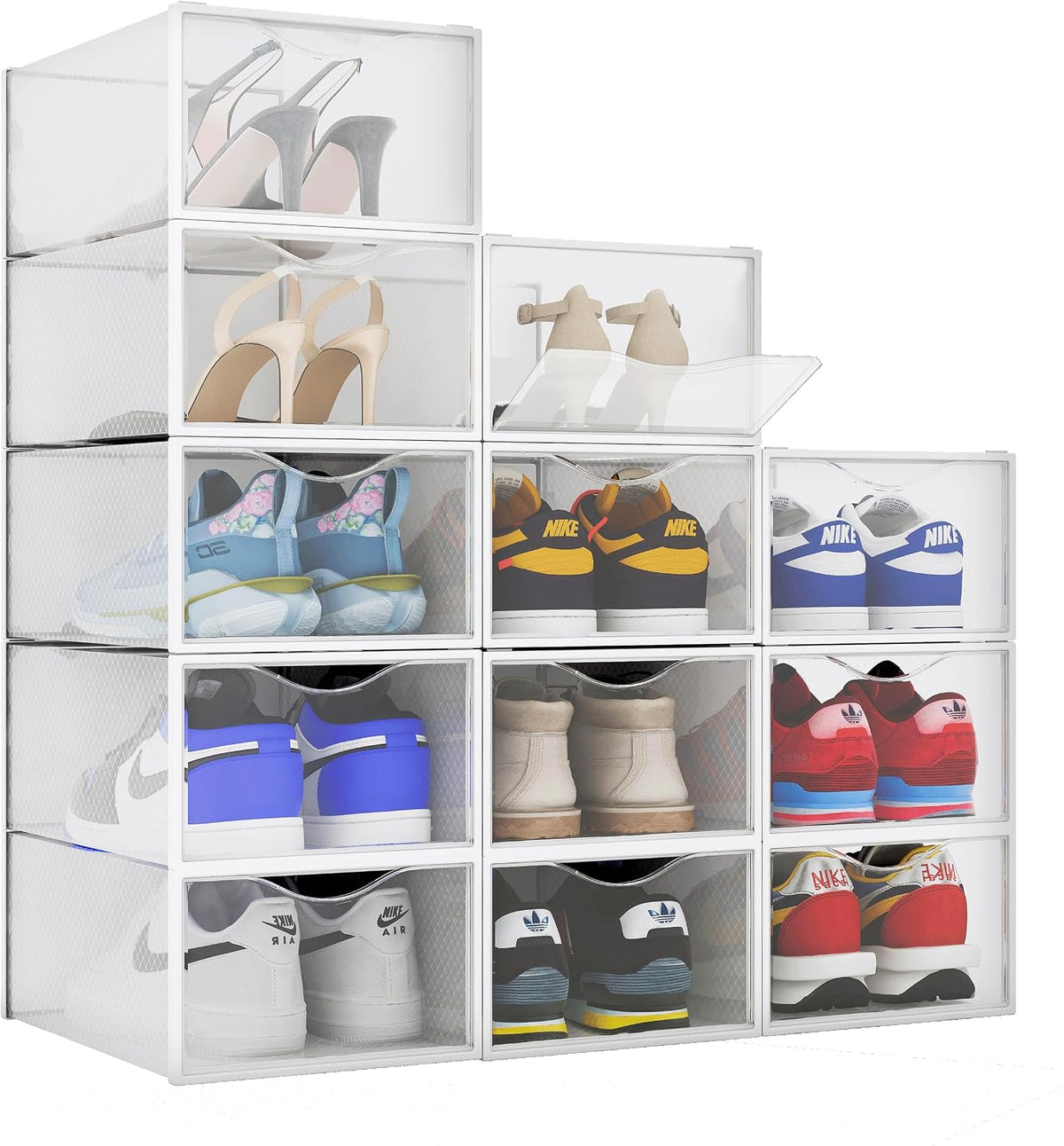BINO 12-Pack Plastic Stackable Shoe Box Set - Clear | Foldable Shoe Storage Container | Sneaker Bins | Shoe Rack Box | Transparent | Portable Stacking Shoe Boxes Front Open