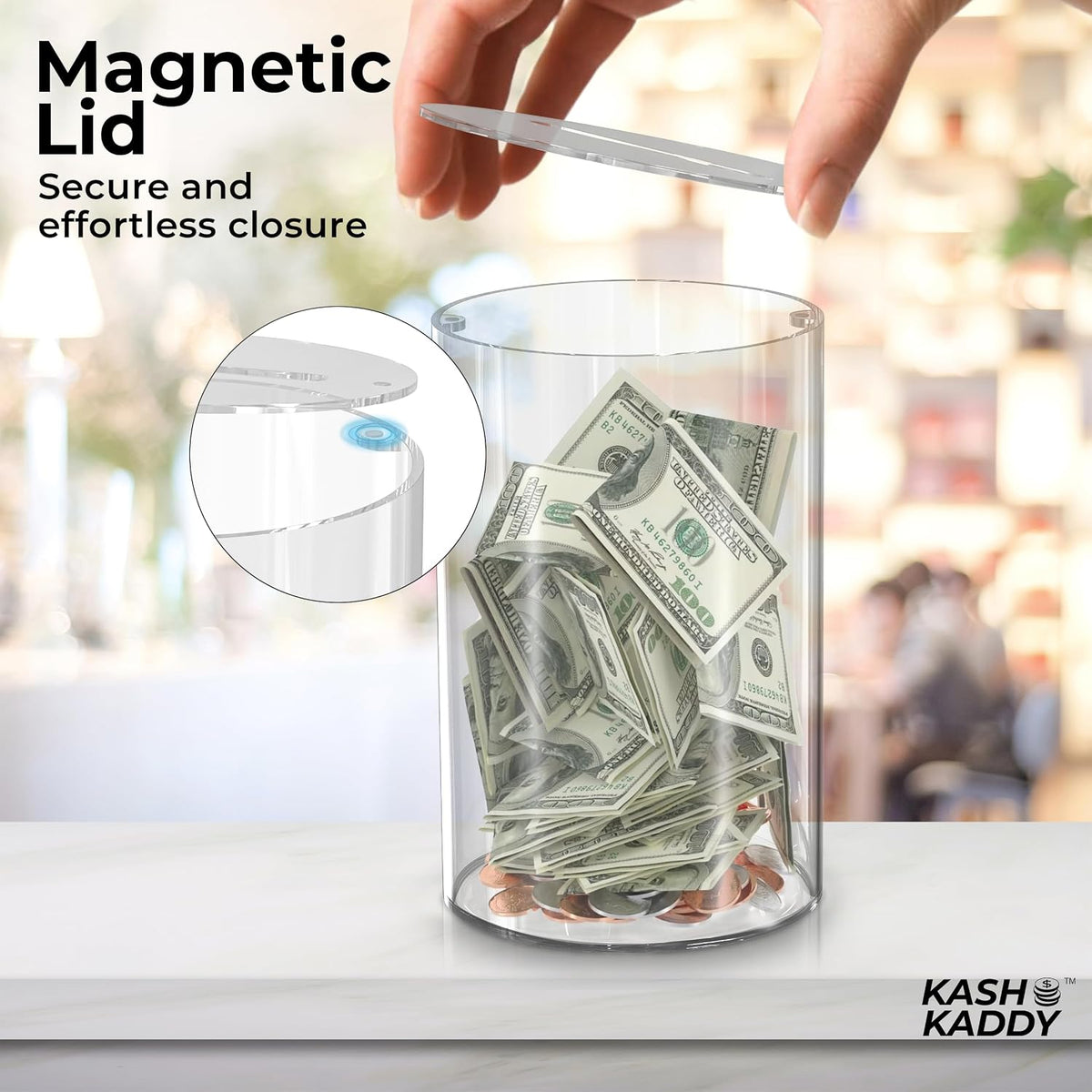 Clear Tip Jar - Acrylic Donation Box w/Magnetic Lid & Money Slot - Coin Jar for Small Business & Home Savings - Safe & Stylish Donation Jar - Modern Cash Box - Sturdy Bartender Accessories