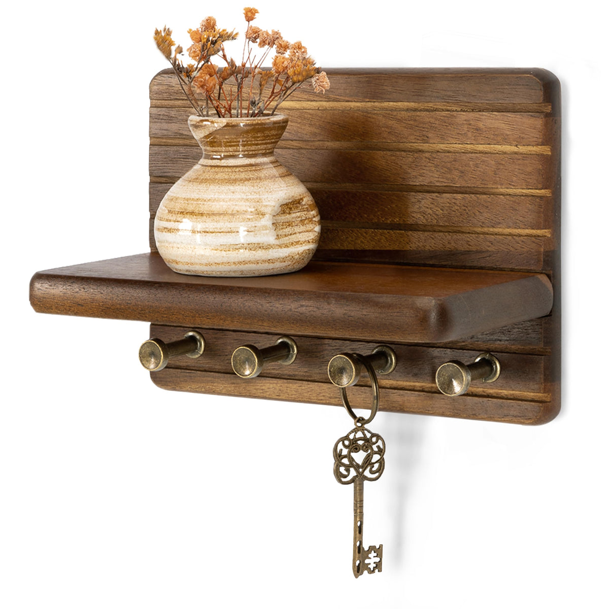 Rebee Vision Pine Wood Key Holder Wall Mount with Shelf for Entryway, Brown