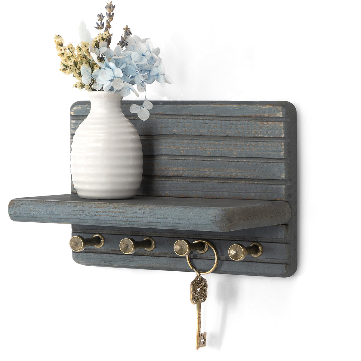 Rebee Vision Pine Wood Key Holder Wall Mount with Shelf for Entryway, Brown