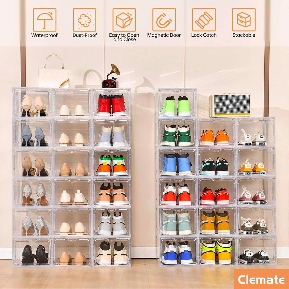 Clemate Upgraded X-Large Shoe Storage Box,8 Pack,Shoe Box Clear Plastic Stackable,Drop Front Shoe Box with Clear Door,Shoe Organizer and Shoe Containers For Sneaker Display,Fit up to US Size12