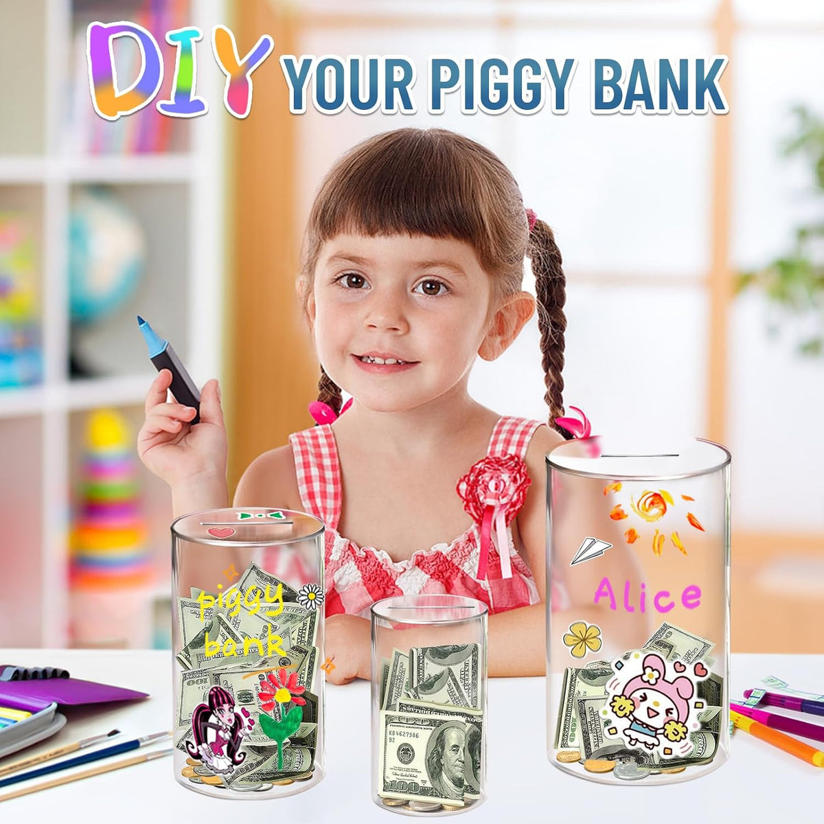hizgo Kids Adults Piggy Bank, Clear Piggy Bank Must Break Open, 5.9" Hx3.55