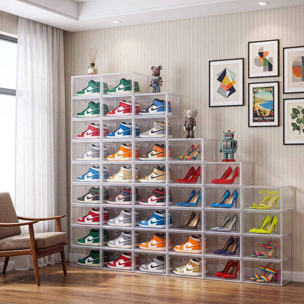 Large Clear Plastic Stackable Shoe Boxes 8-Pack, Drop Side Shoe Organizers