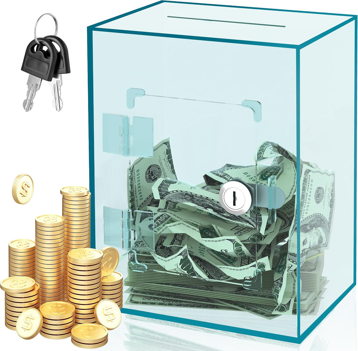 Large Acrylic Clear Piggy Bank, Money Saving Box for Cash Saving with Key, Openable Clear Acrylic Savings Jar for Adults Kid (Blue-Green)