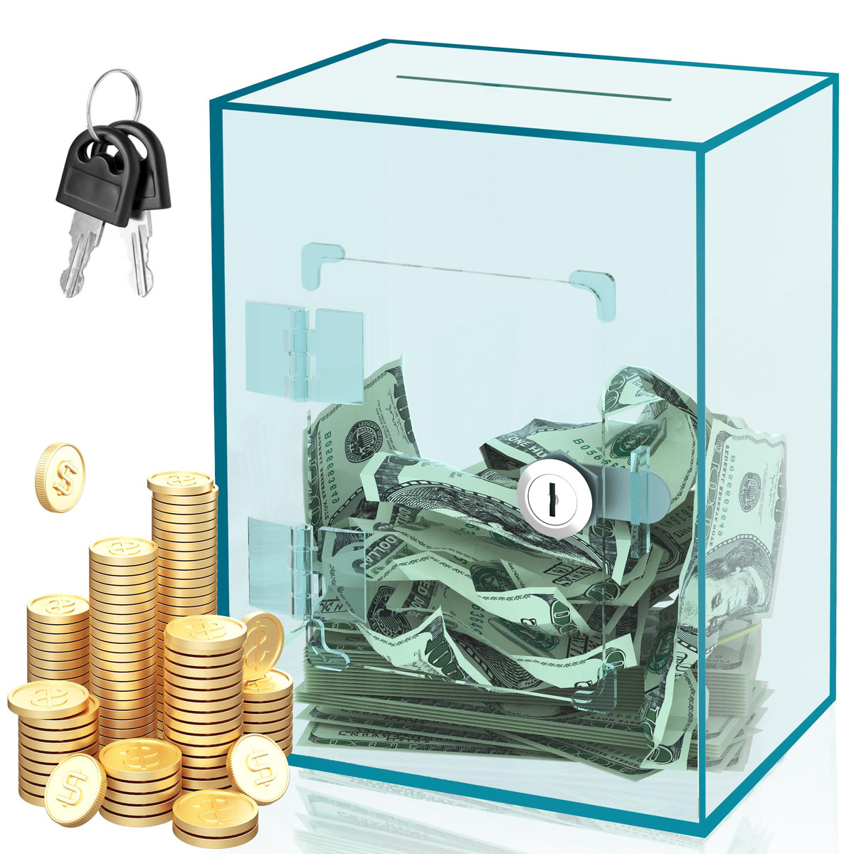 Large Acrylic Clear Piggy Bank, Money Saving Box for Cash Saving with Key, Openable Clear Acrylic Savings Jar for Adults Kid (Blue-Green)