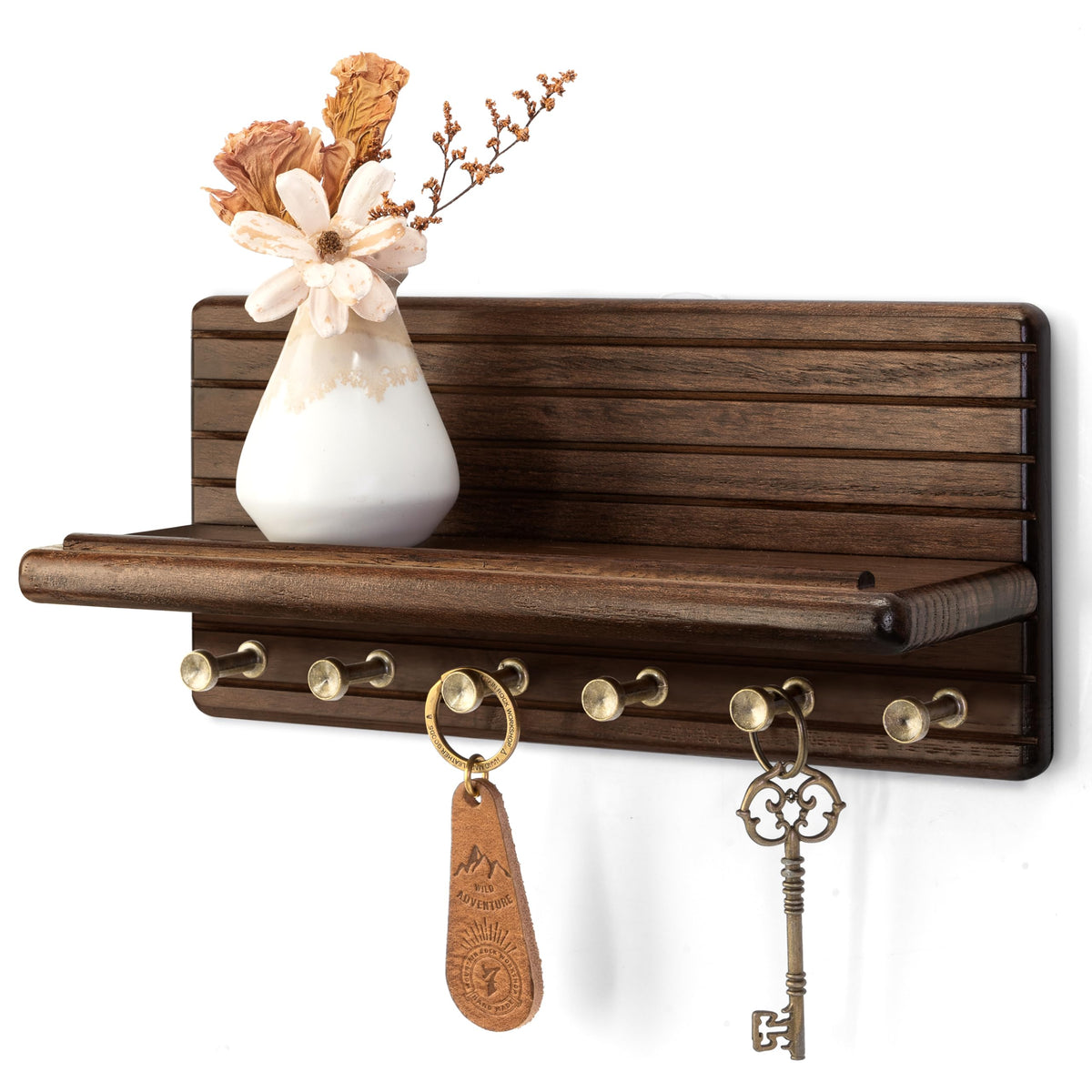 Rebee Vision Pine Wood Key Holder Wall Mount with Shelf for Entryway, Brown