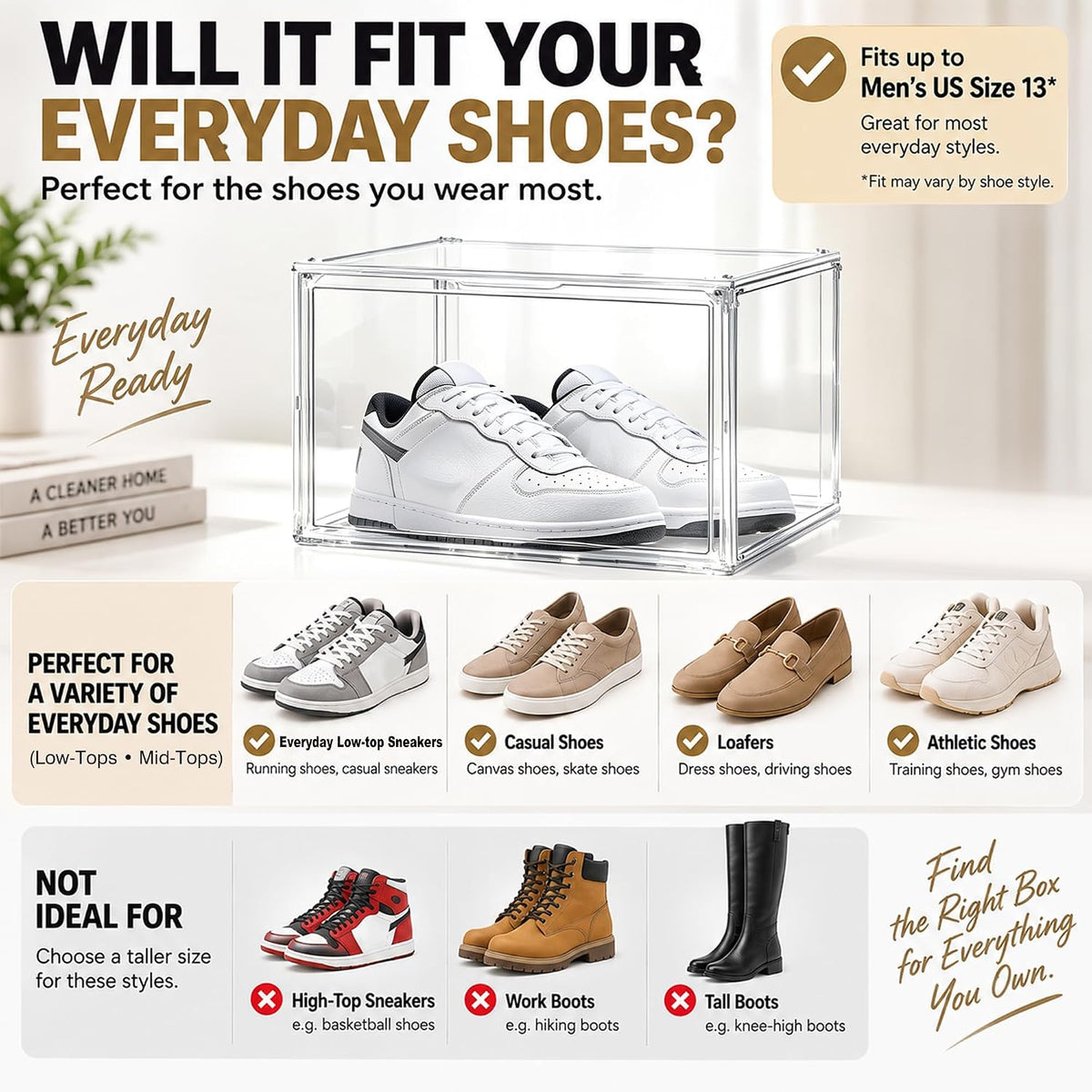 Heavy Duty Acrylic-Look Shoe Box, Size 13, Stack Everyday Footwear Storage