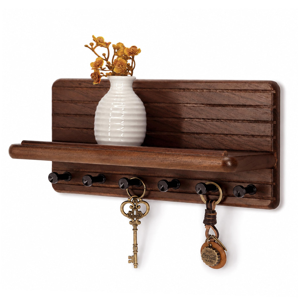 Rebee Vision Pine Wood Key Holder Wall Mount with Shelf for Entryway, Brown