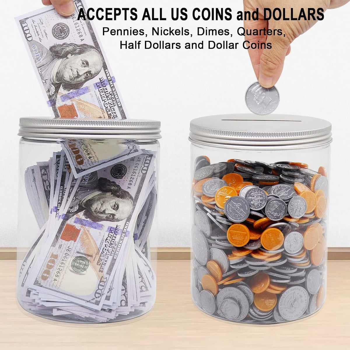 Large Coin Bank Jar 2-Pack, Big Clear Plastic Coin Money Tip Change Saving Piggy Jar with Silver Slotted Lid, Large Plastic Coins Piggy Money Change Clear Bank for Adults Teens Kids Girls Boys