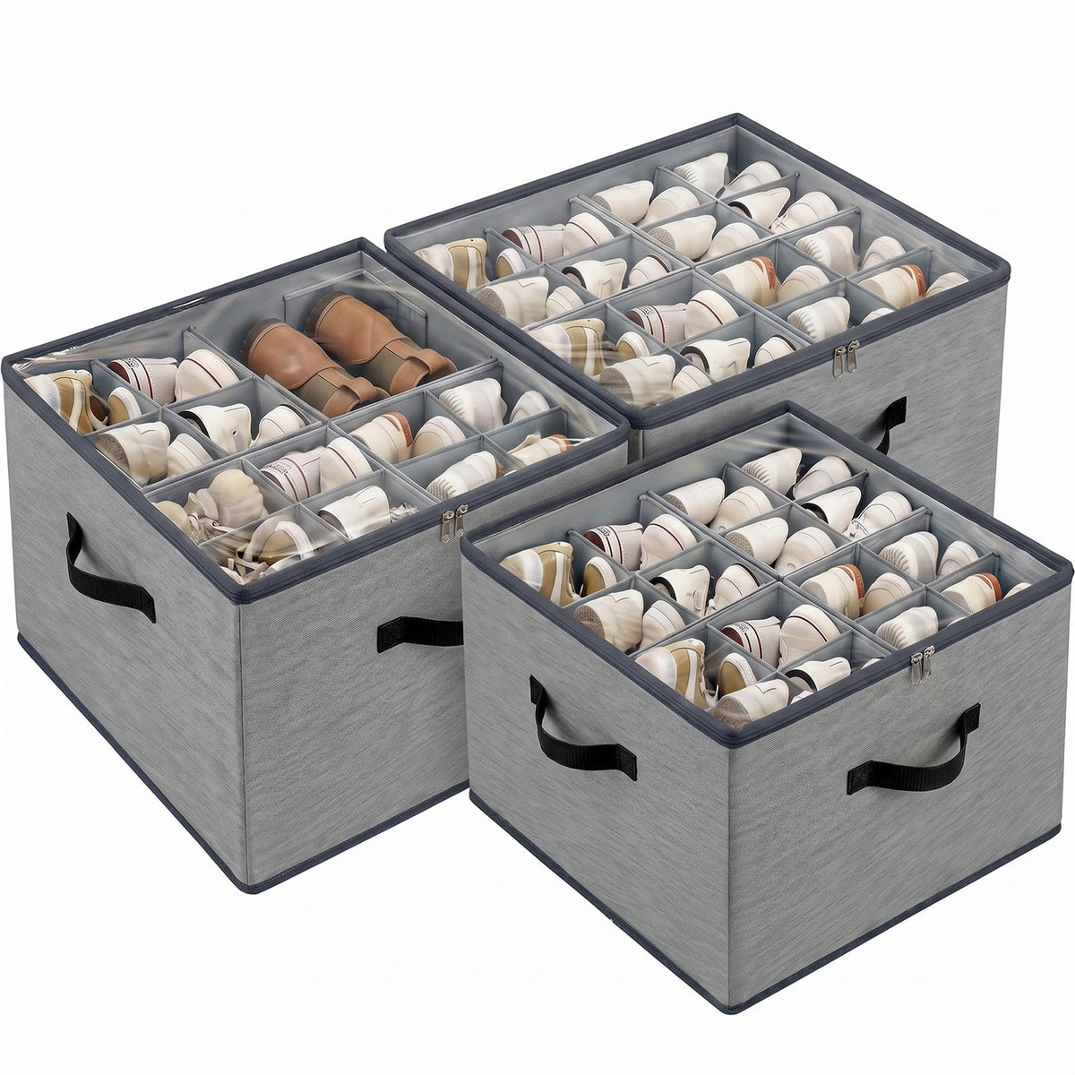 2 Pack Shoe Organizer Box – Large Capacity Shoe Storage Organizer with Transparent Cover & Flexible Dividers, Fits 16-32 Pairs, Fabric Shoe Storage Organizer Box, Entryway, Dorm