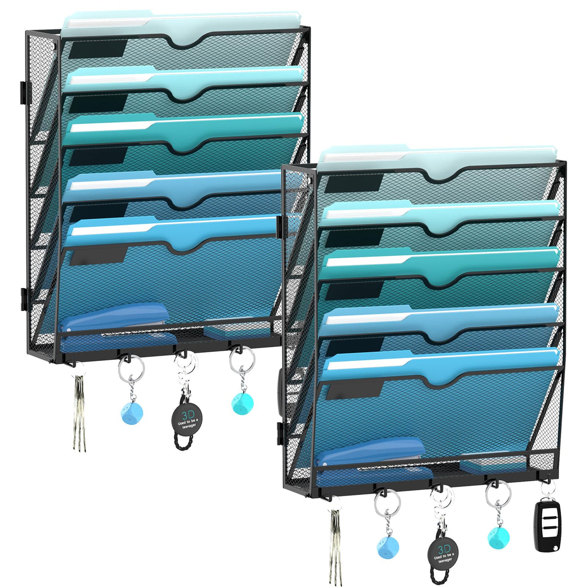 8-Tier Wall File Organizer and Mail Organizer with 5 Hooks, Black