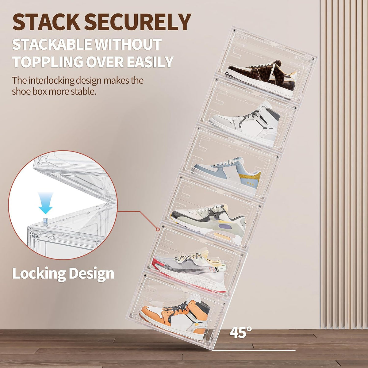 6 Pack Hard Plastic Clear Shoe Storage Organizer Boxes, White