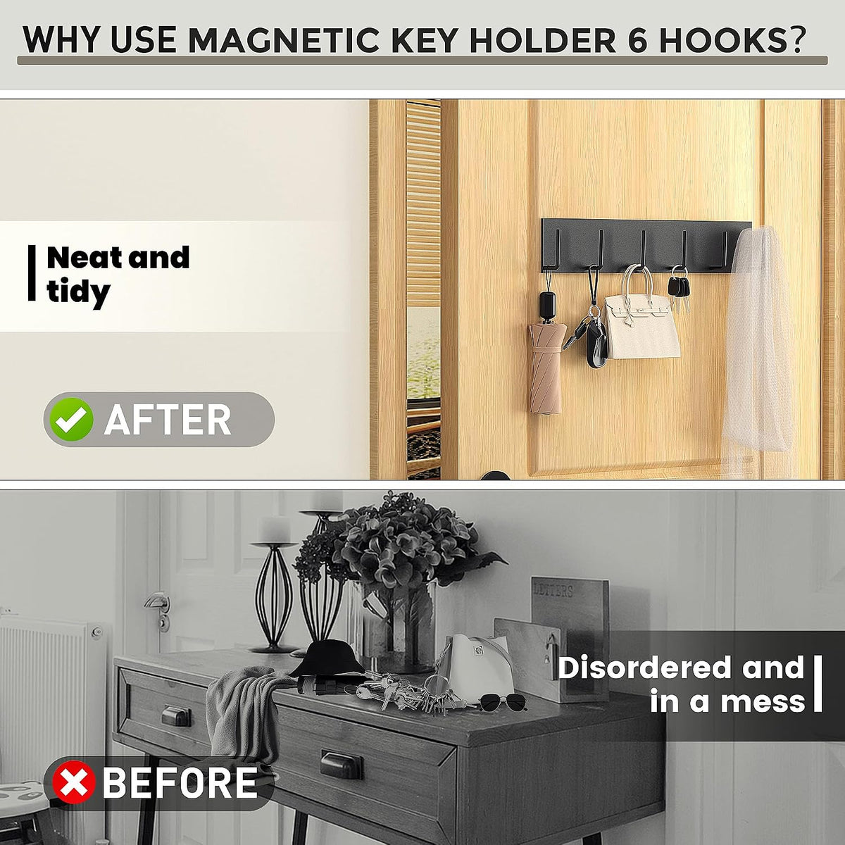 Magnetic Key Holder for Wall, Magnetic Key Hook with 6 Hooks for Metal Entrance Door, Refrigerator,Kitchen, Magnetic Key Hanger, Magnetic Key Rack for Hanging Keys, Towels and Kitchen Utensils