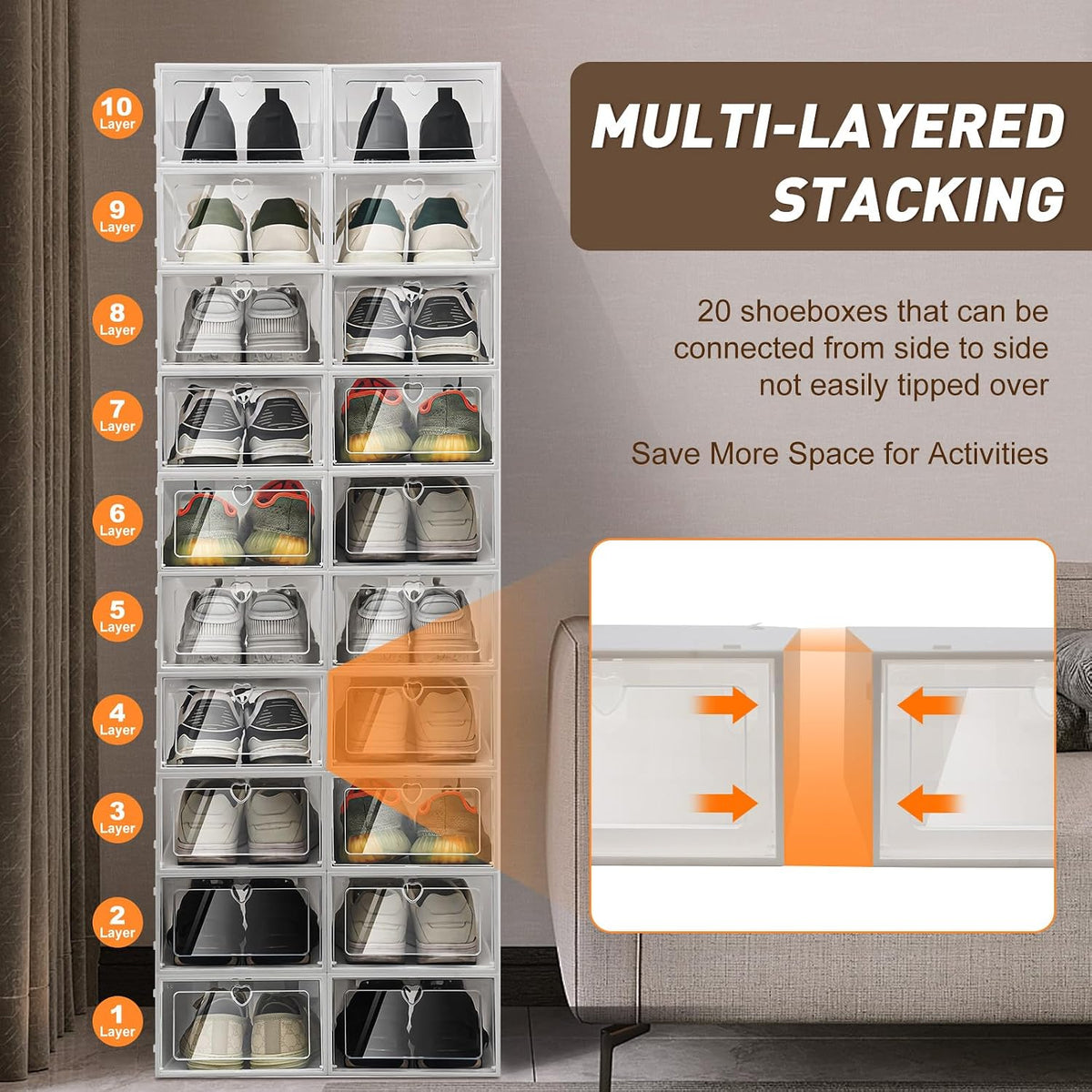 20 Pack Shoe Organizer Storage Bins Clear Plastic Stackable Shoe Boxes