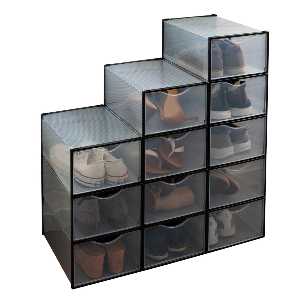 Simplify Set of 12 Stackable Shoe Boxes | Customizable | Fits Size 11 Shoes | Drop Front Design | Closet Storage | Sneakers | Heels | Clear and White