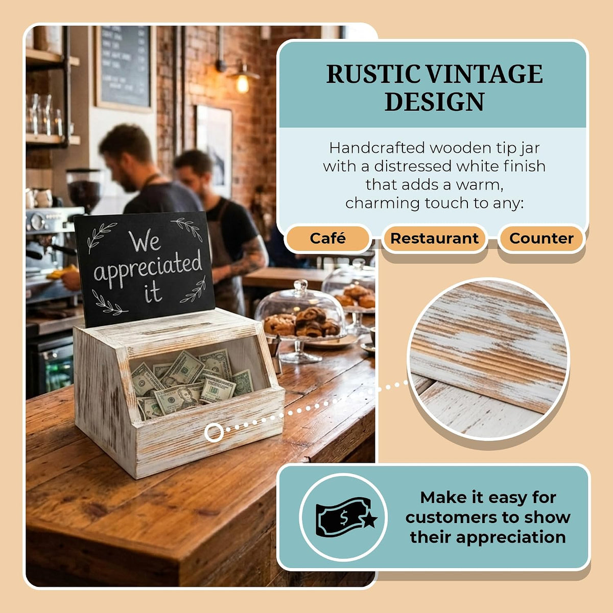 Tip Jar with Lock and Key – Wooden Cash Box for Bar, Cafe and Food Truck