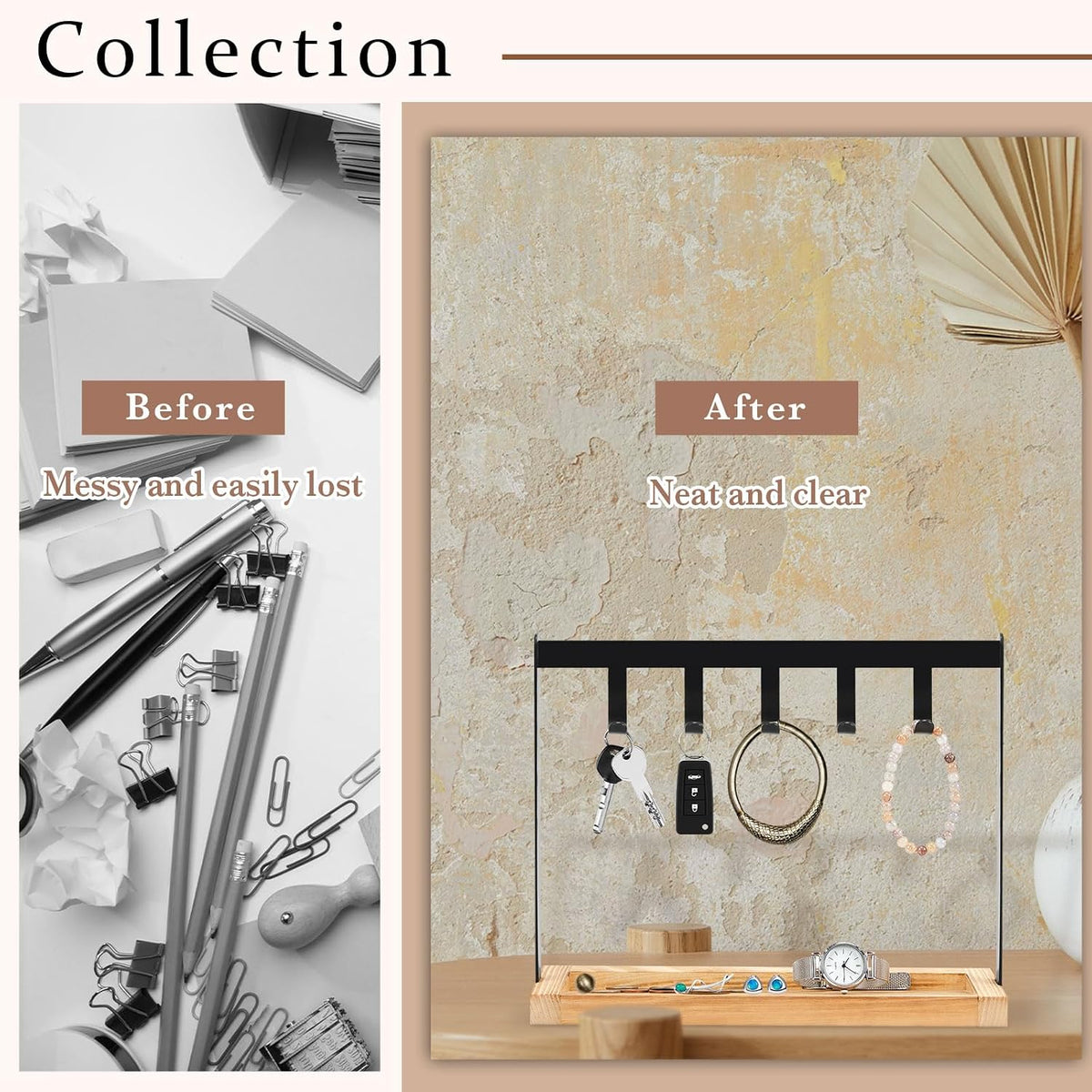 Wonderjune 1 Pcs Key Holder for Entryway Table with 5 Hooks and Burnt Wood Base 10 x 3.2 x 8.1 Inch Jewelry Organizer Bowl Rack Rustic Tray for Keys Bracelets Rings Watches Going out Supplies