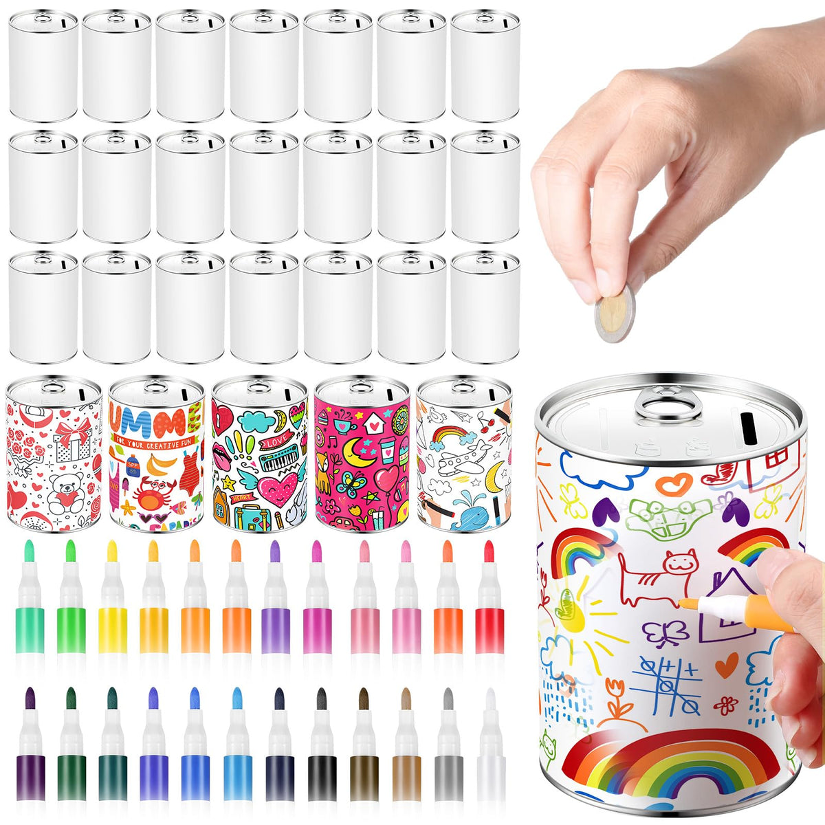 Tandefio 16 Pcs Kids DIY Coin Piggy Bank Metal Craft 24 Marker, White