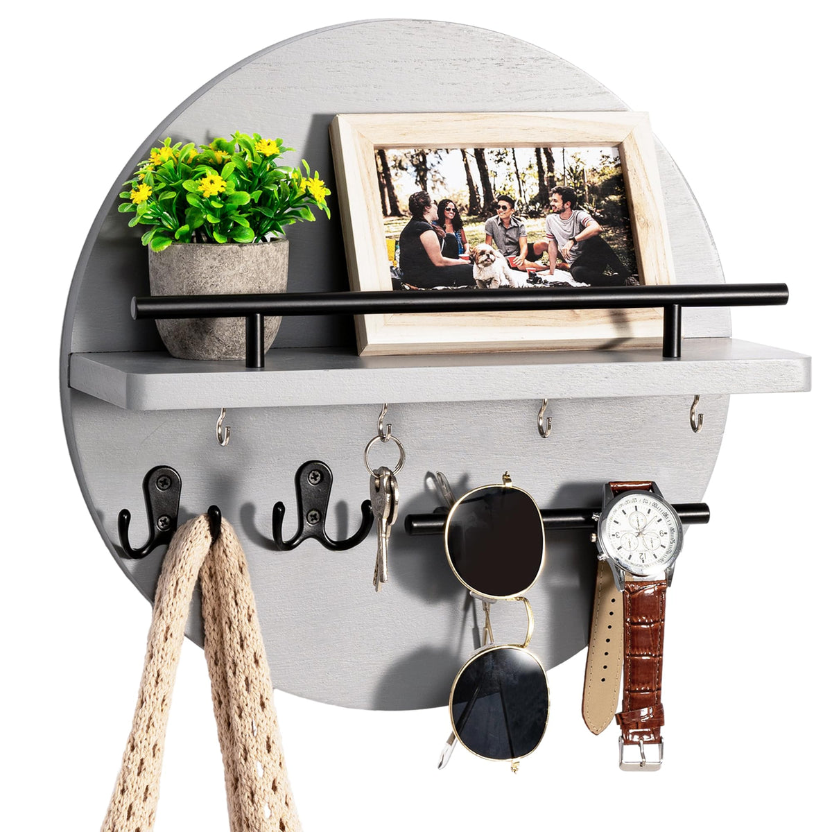 Key Holder Wall Mount with Shelf and Hooks, Mail Organizer for Wall, Black