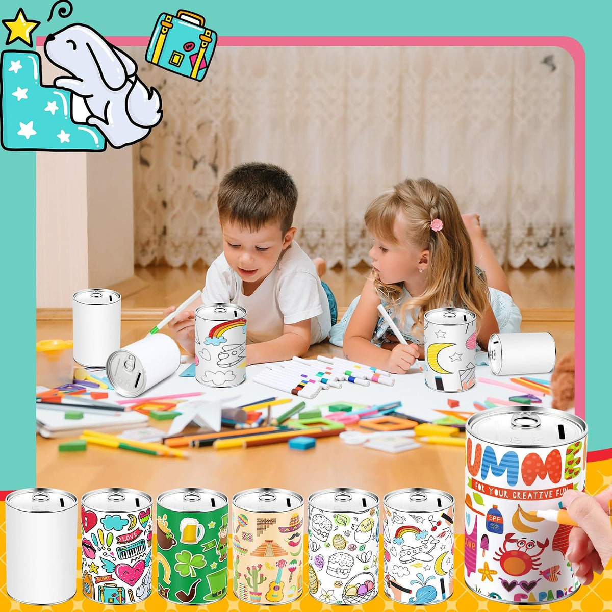 Tandefio 16 Pcs Kids DIY Coin Piggy Bank Metal Craft 24 Marker, White
