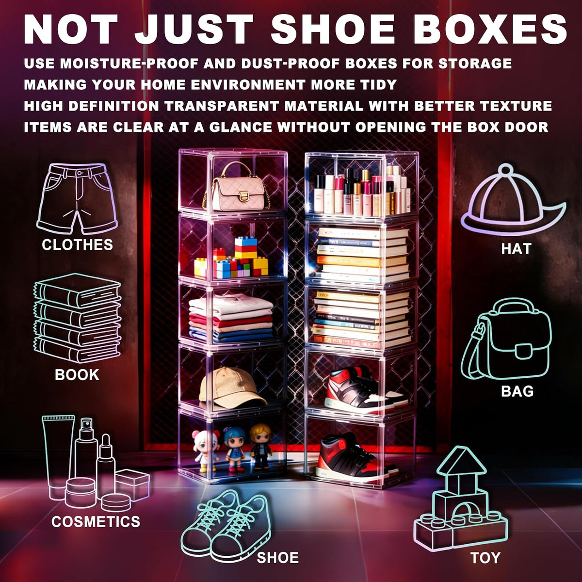 X-Large Shoe Organizer 6-Pack, Stackable White Transparent Acrylic Shoe Boxes with Ventilation, Dustproof Storage for Sneakers/Heels Main-Opening