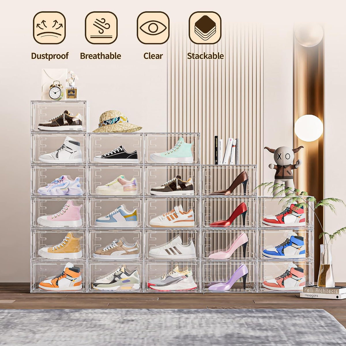 6 Pack Hard Plastic Clear Shoe Storage Organizer Boxes, White