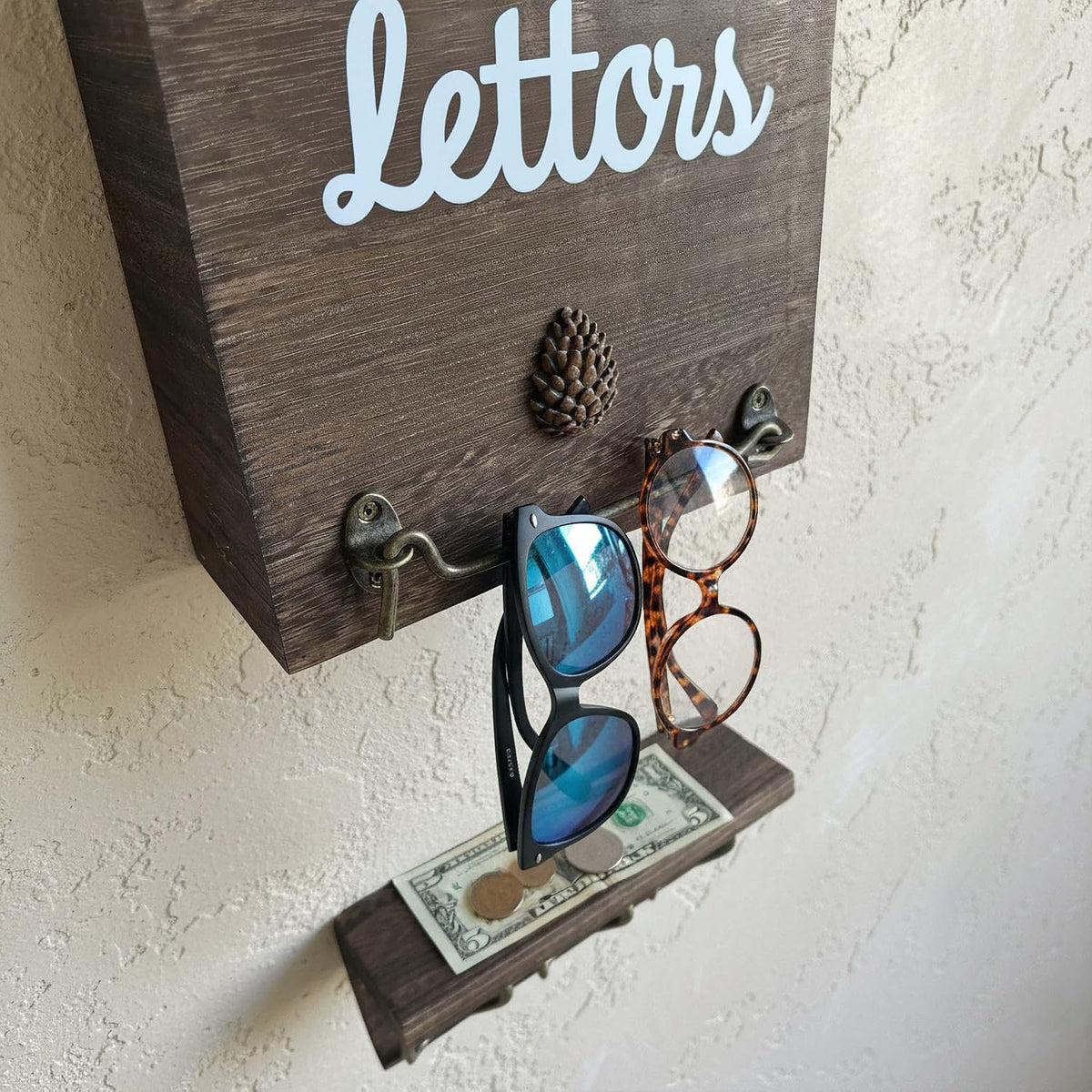 eBun Magnetic Mail Organizer with Key Hooks – 2-Pack Solid Wood Wall Mount for Letters & Bills, 12 Hooks Entryway Holder, No-Drill for Renters