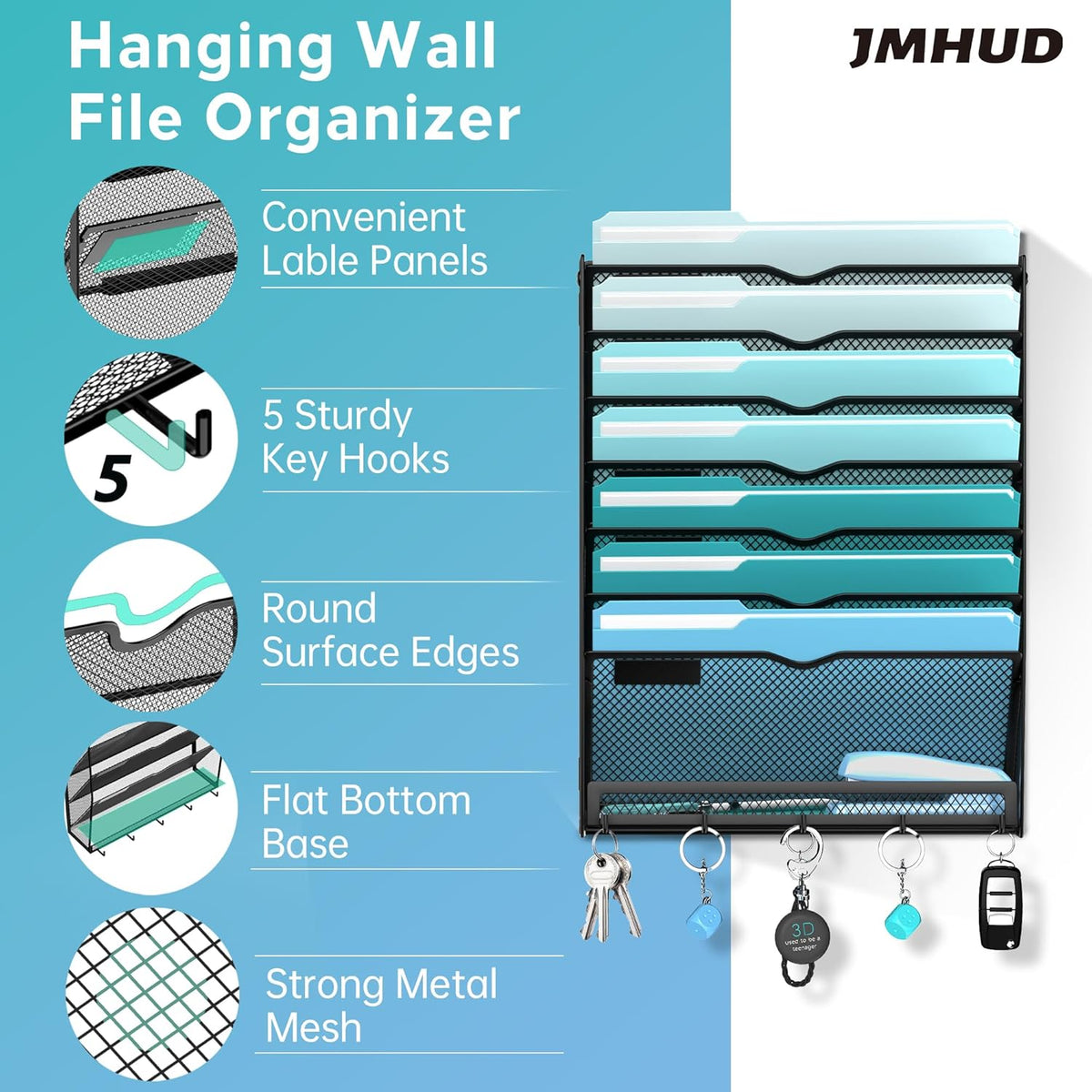 8-Tier Wall File Organizer and Mail Organizer with 5 Hooks, Black