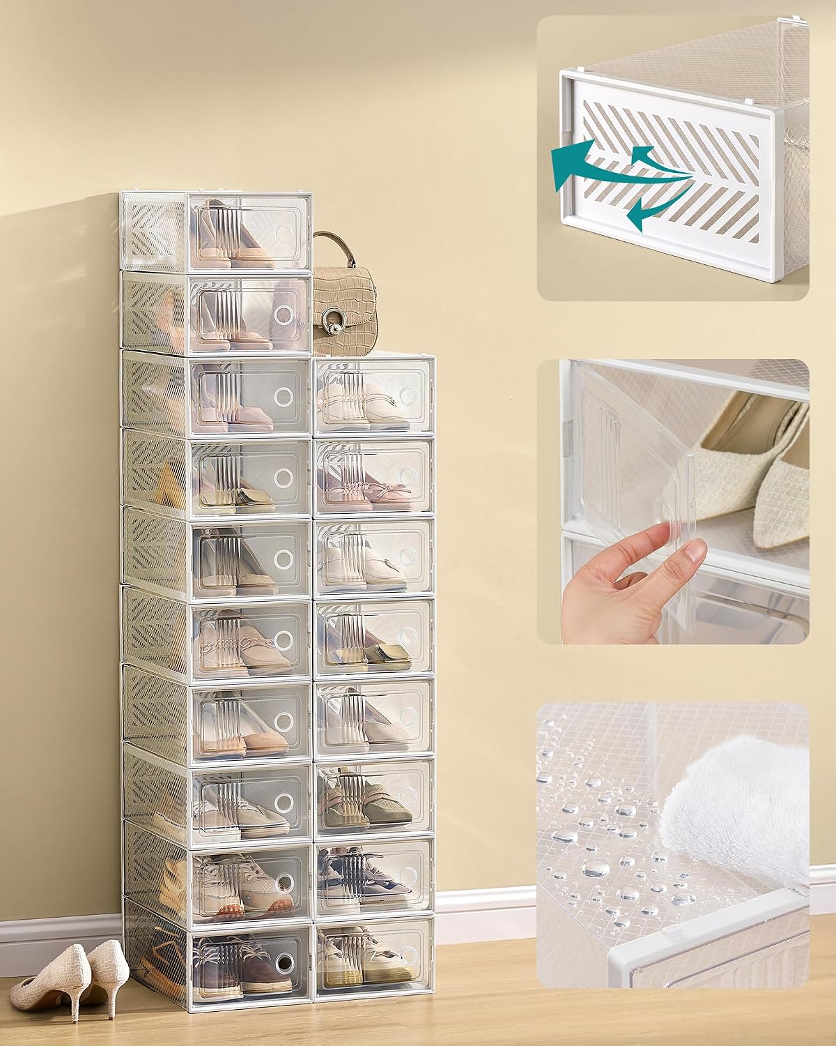 SONGMICS Stackable Shoe Boxes, Foldable, Ventilated Clear, Set of 12
