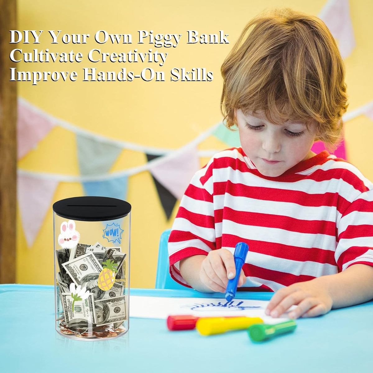 Klmnop Acrylic Piggy Bank, Openable Piggy Bank for Kids with Black Lid, Repeatable Money Saving Jar, Clear Money Jar for Cash Saving(Black 2.8"×4.5")