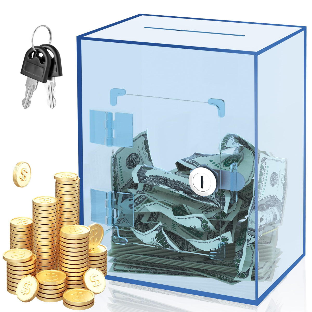 Large Acrylic Clear Piggy Bank, Money Saving Box for Cash Saving with Key, Openable Clear Acrylic Savings Jar for Adults Kid (Blue-Green)