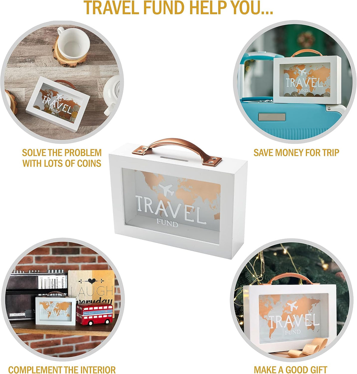 Shadow Money Box for Travel Savings - Coin Bank for Adults - Vacation Jar - White Saving Box With Handle - Honeymoon Fund - Adventure Fund