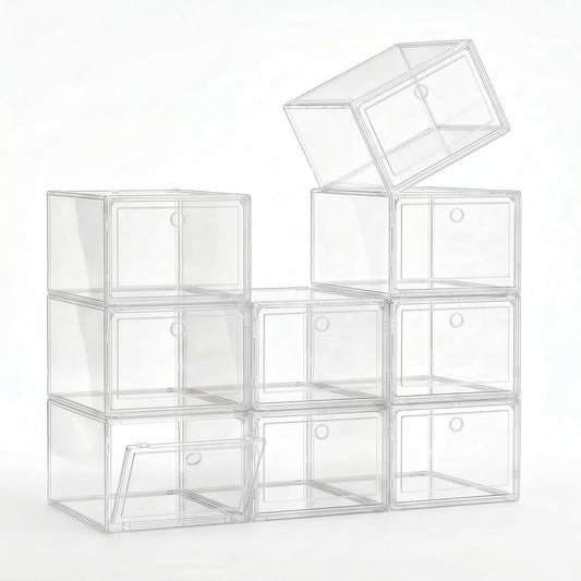Clear Shoe Storage Boxes 9 Pack, Stackable Bins with Magnetic Doors