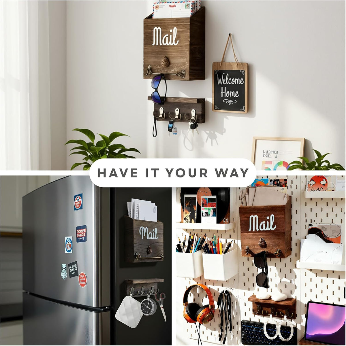eBun Narrow Wood Mail Holder with 6 Key Hooks