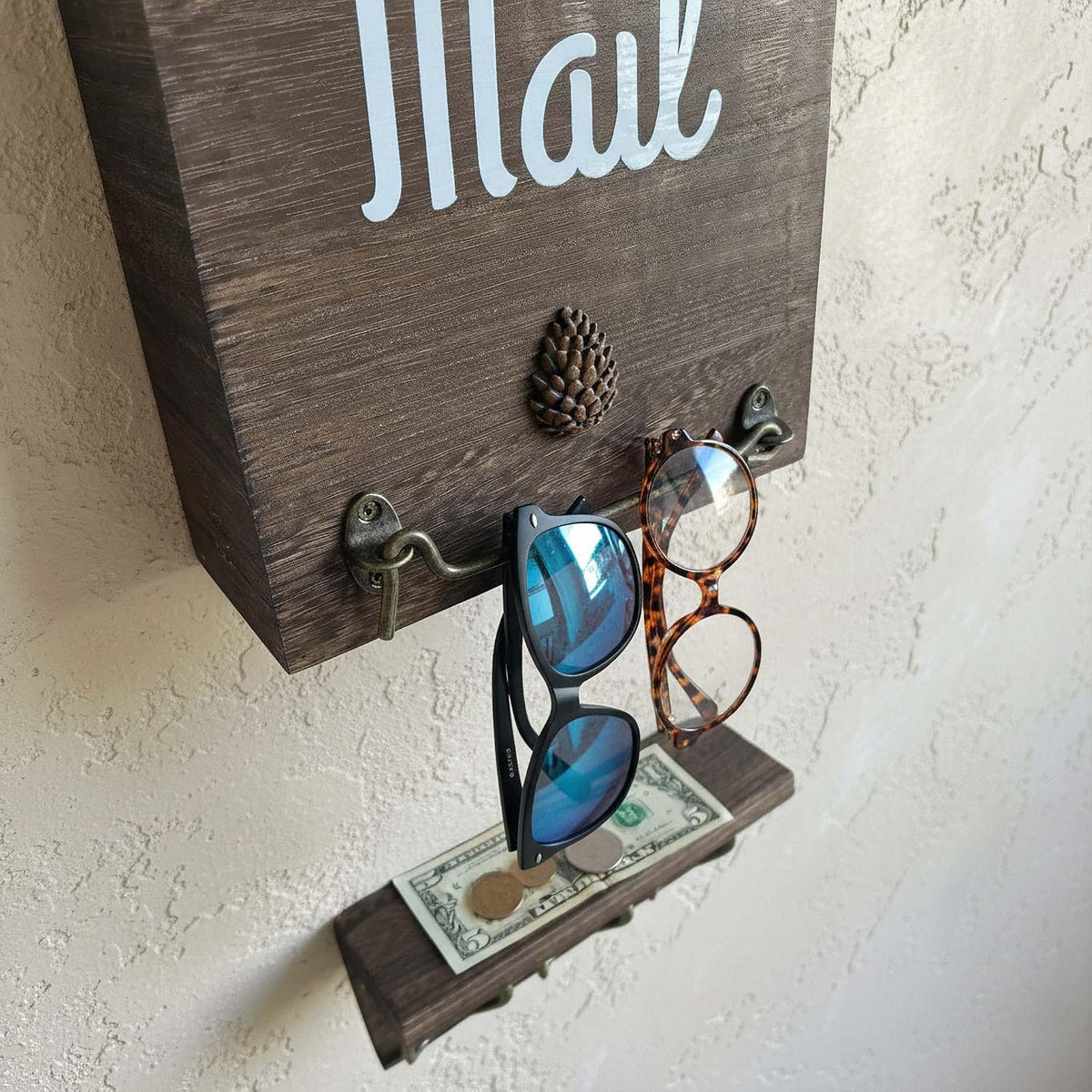 eBun Narrow Wood Mail Holder with 6 Key Hooks