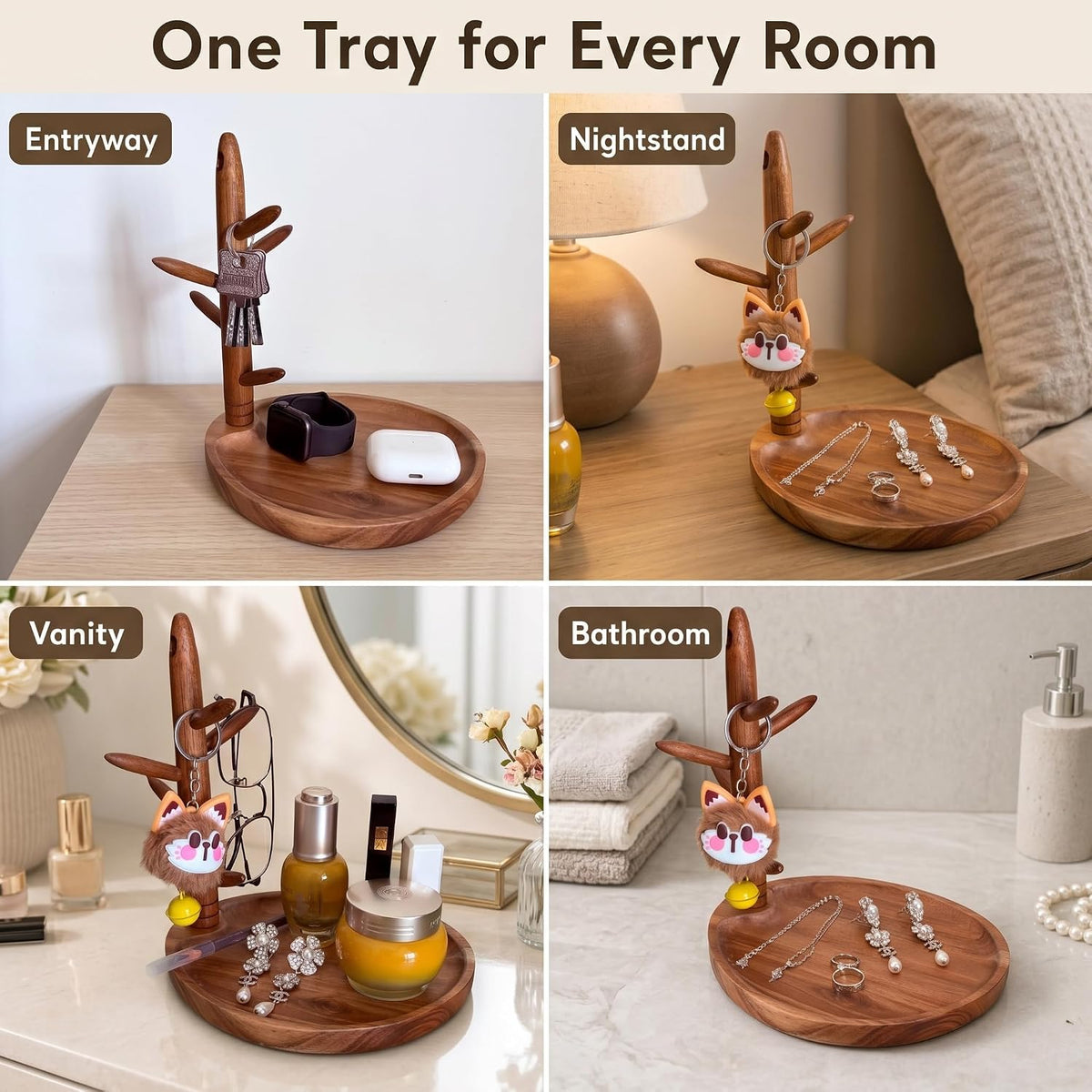 Solid Acacia Key Tray for Entryway Table, Key Holder with 5 Hooks and Catchall Tray, Organizer for Wallet, Watch, Jewelry, Dresser Nightstand Room Decor Gift