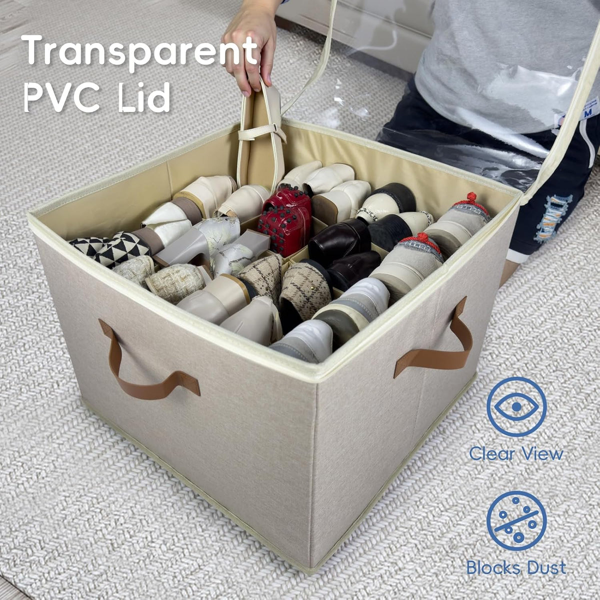 2 Pack Shoe Organizer Box – Large Capacity Shoe Storage Organizer with Transparent Cover & Flexible Dividers, Fits 16-32 Pairs, Fabric Shoe Storage Organizer Box, Entryway, Dorm