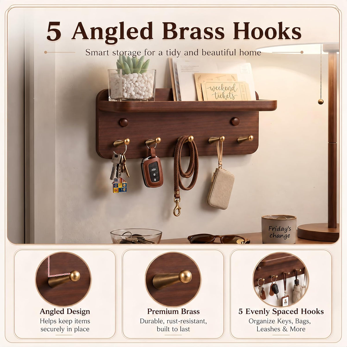 Mifoci Solid Wood Key Holder for Wall, 5 Brass Hooks & 3 Hidden Magnets
