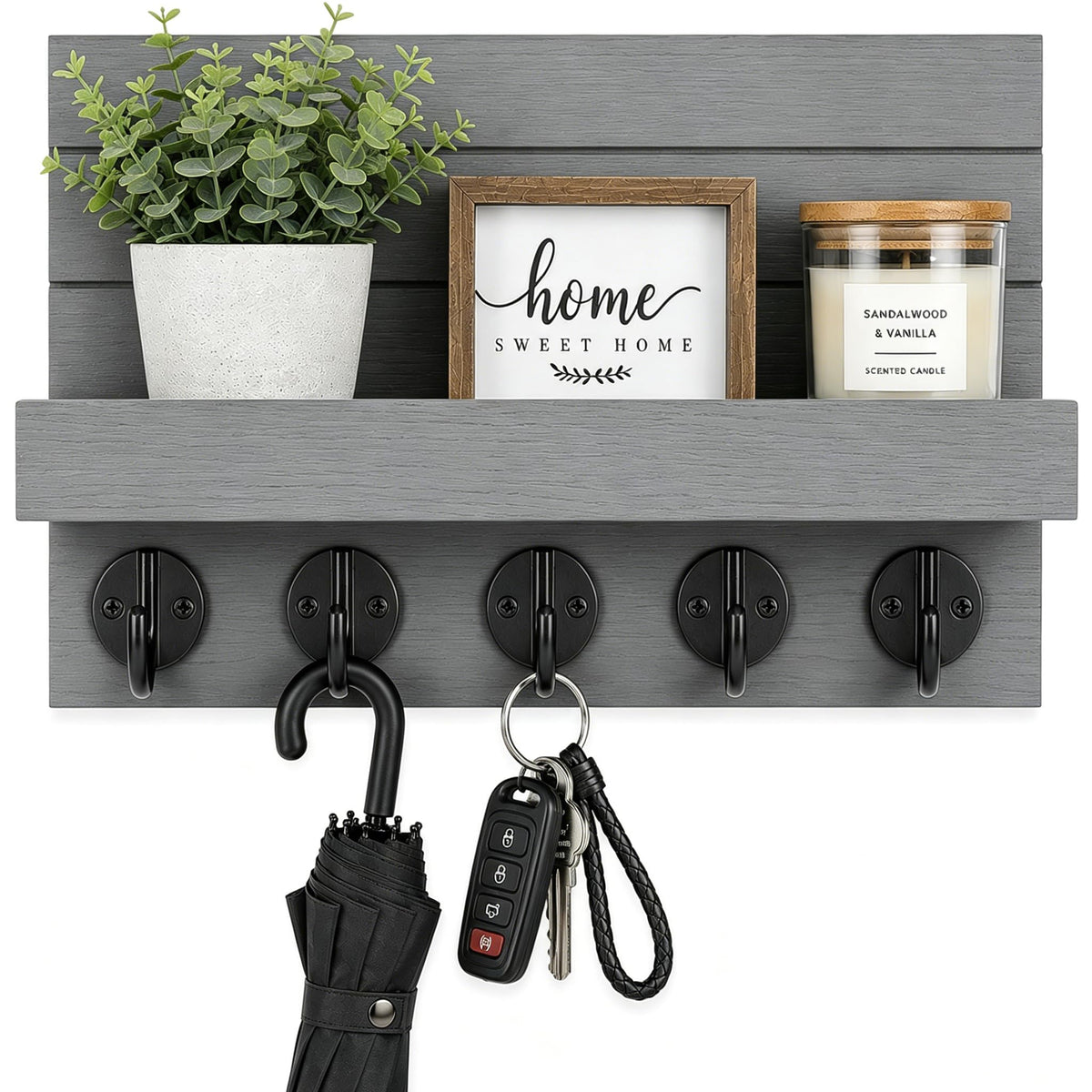 Key Holder for Wall, Decorative Key and Mail Holder, Key Holder Wall Mount with Shelf and Large Hooks, Easy Installation Key Rack for Entryway and Home Decor