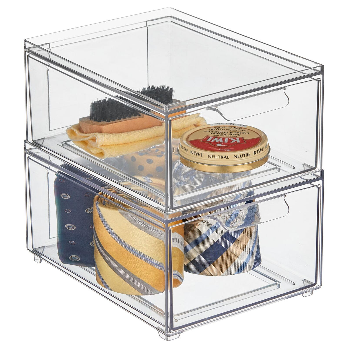 mDesign Shoe Storage Box with Drawer – Sturdy Plastic Storage Box for Shoes – Stackable Drawer Box for Shoes, Accessories and More – Pack of 4 – Clear