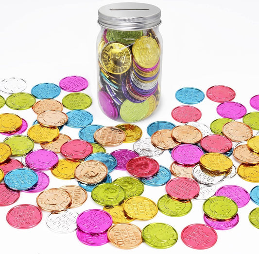 I was Caught Being Good Coins Tokens with Mason Jar, 100 Pcs Colorful Plastic Reward Incentive Behavior Pretend Play Coins, Reward Plastic Play Incentive Tokens for Kids School Teacher
