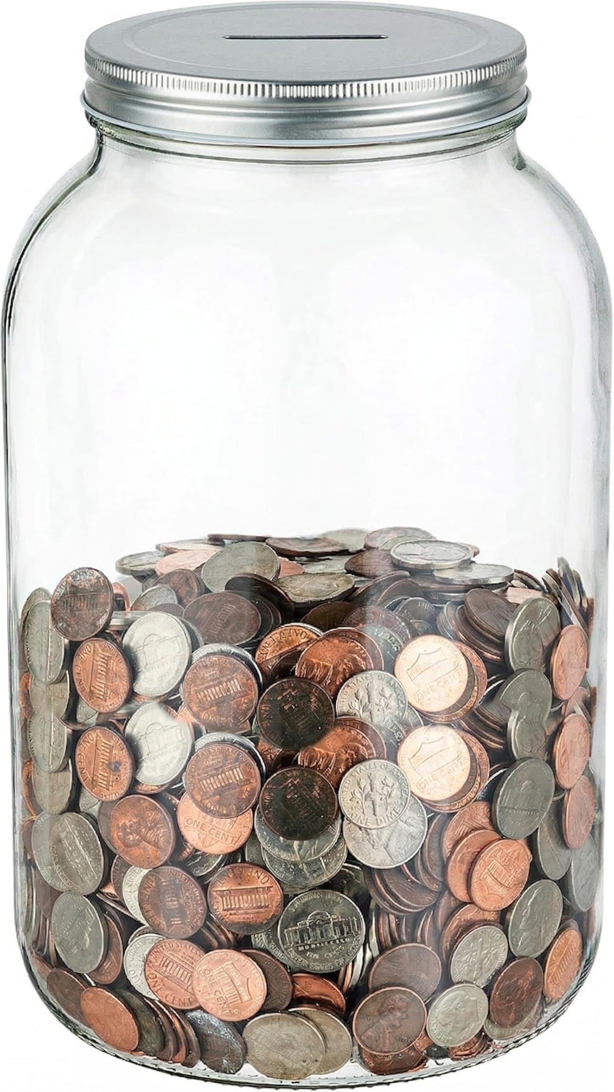 Large Coin Bank Jar with Slotted Gold Lid Holds Over $1,450 in Coins- Used for Piggy Bank and Raffle Ticket Drawing - Glass Money Jar Made in USA - Half Gallon