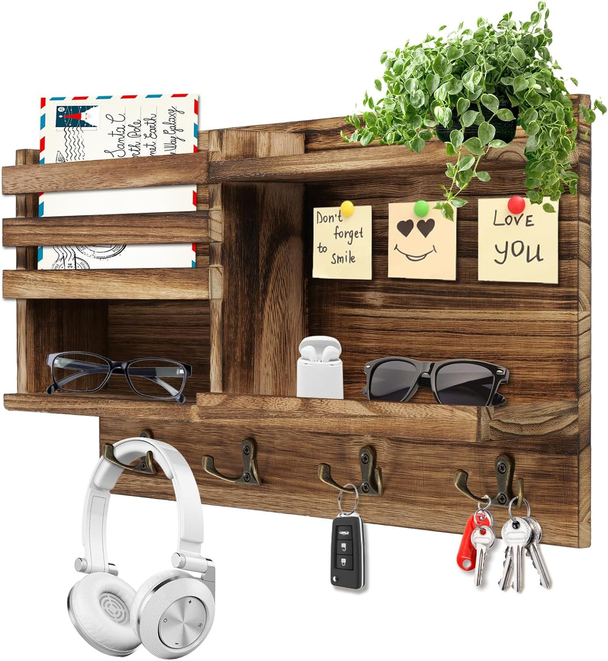 Key Holder Wall Mount, Wood Key and Mail Organizer for Wall, Burnt Brown