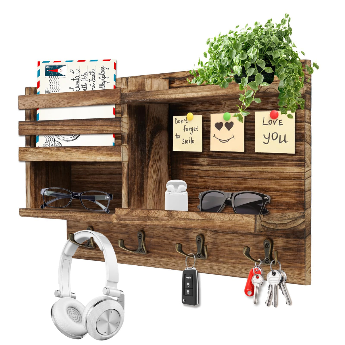 Key Holder Wall Mount, Wood Key and Mail Organizer for Wall, Burnt Brown