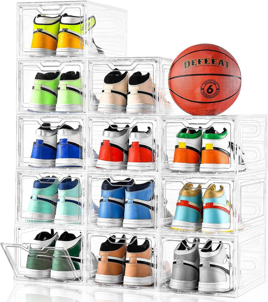 12 Pack Thicken & Sturdy Clear Shoe Storage Organizer with Magnetic Door, Shoe Boxes Clear Plastic Stackable for Closet, Shoe Rack for Sneaker Boot Container, Shoe Cabinet Fit up to US Size 12