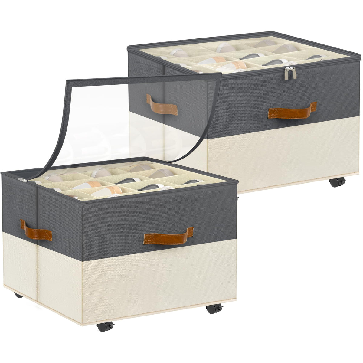 Foyego Shoe Organizer for Closet, Shoe Storage with Wheels, Beige