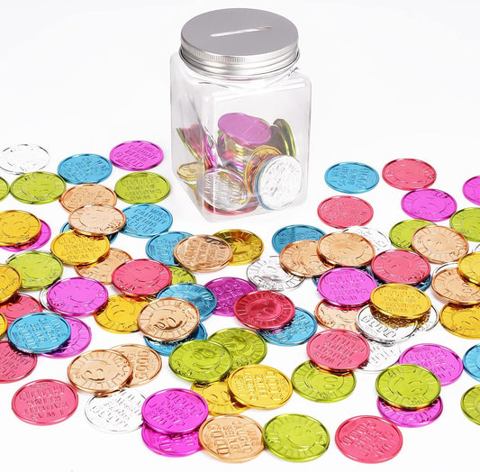 Caught Being Good Coins Tokens-100 Pcs, Colorful Plastic Reward Incentive Behavior Pretend Play Coins with Reward Jar, Reward Plastic Play Incentive Tokens for Kids Behavior School Teacher