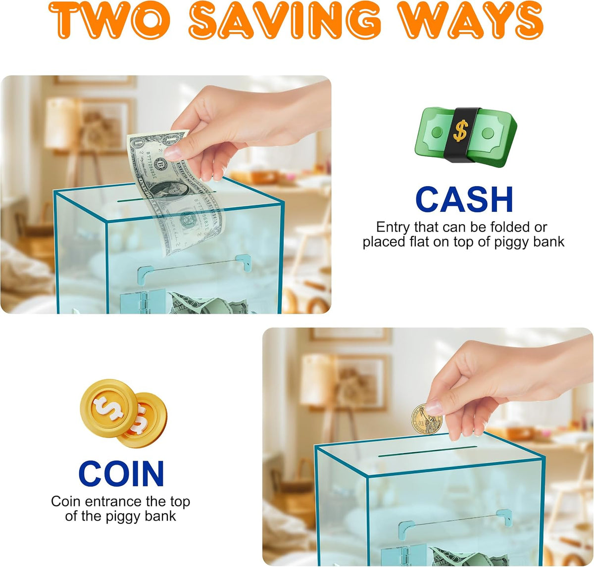 Large Acrylic Clear Piggy Bank, Money Saving Box for Cash Saving with Key, Openable Clear Acrylic Savings Jar for Adults Kid (Blue-Green)